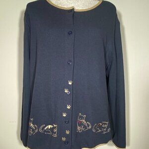 Ms Lee Navy Cardigan with Cat accents Size Petite Large